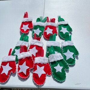 Festive Holiday Flatware Set with Red and Green Mittens